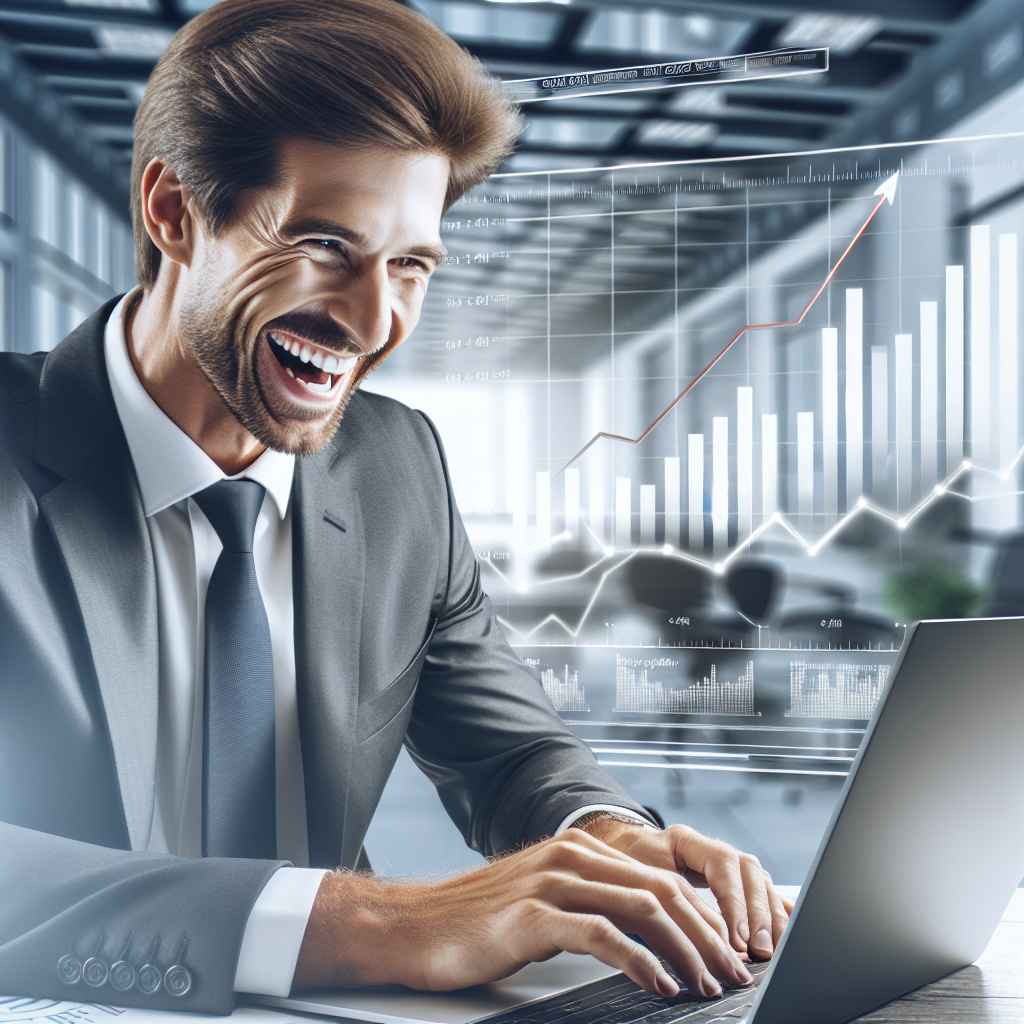 Счастливый бизнесмен работает на ноутбуке в светлом офисе, на экране графики роста. Современный интерьер и европейская внешность.