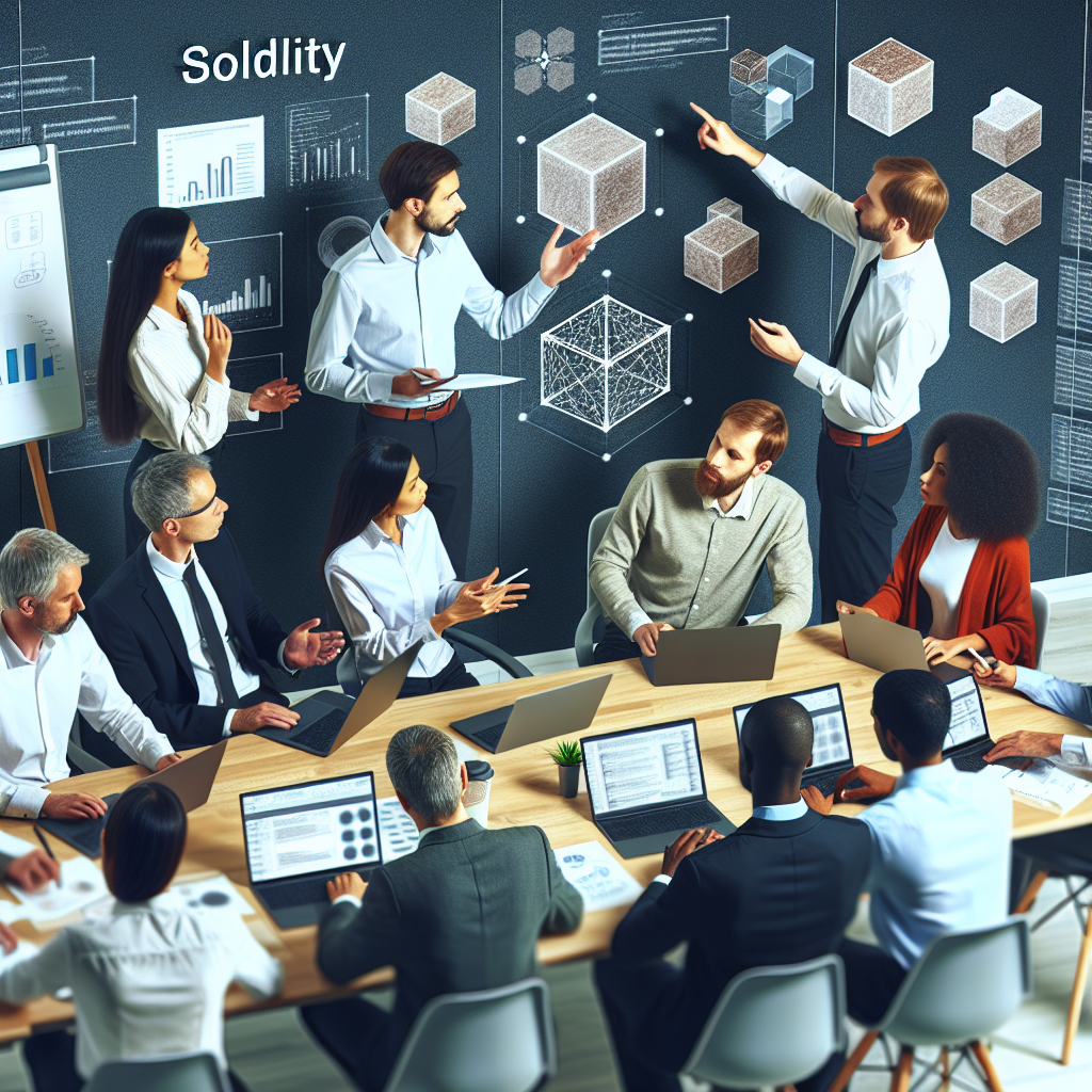 Команда IT-специалистов различных возрастов обсуждает проект разработки на Solidity в современном офисе, на столах расположены ноутбуки и графики.