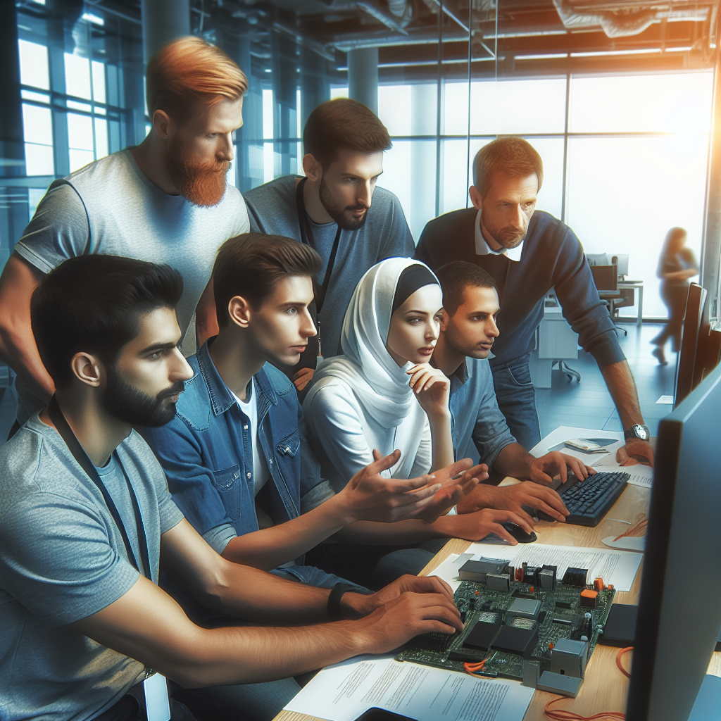 Изображение команды IT специалистов, работающих над проектом Redmine, обсуждающих детали разработки в офисной обстановке с современными технологиями на рабочих местах.