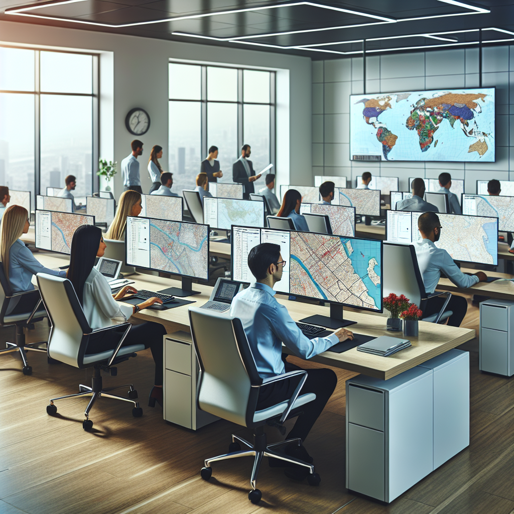Современный офис IT-компании, команда специалистов по картографии, работающих над созданием индивидуальных карт с использованием платформы OSM. Все сотрудники имеют европейскую внешность.