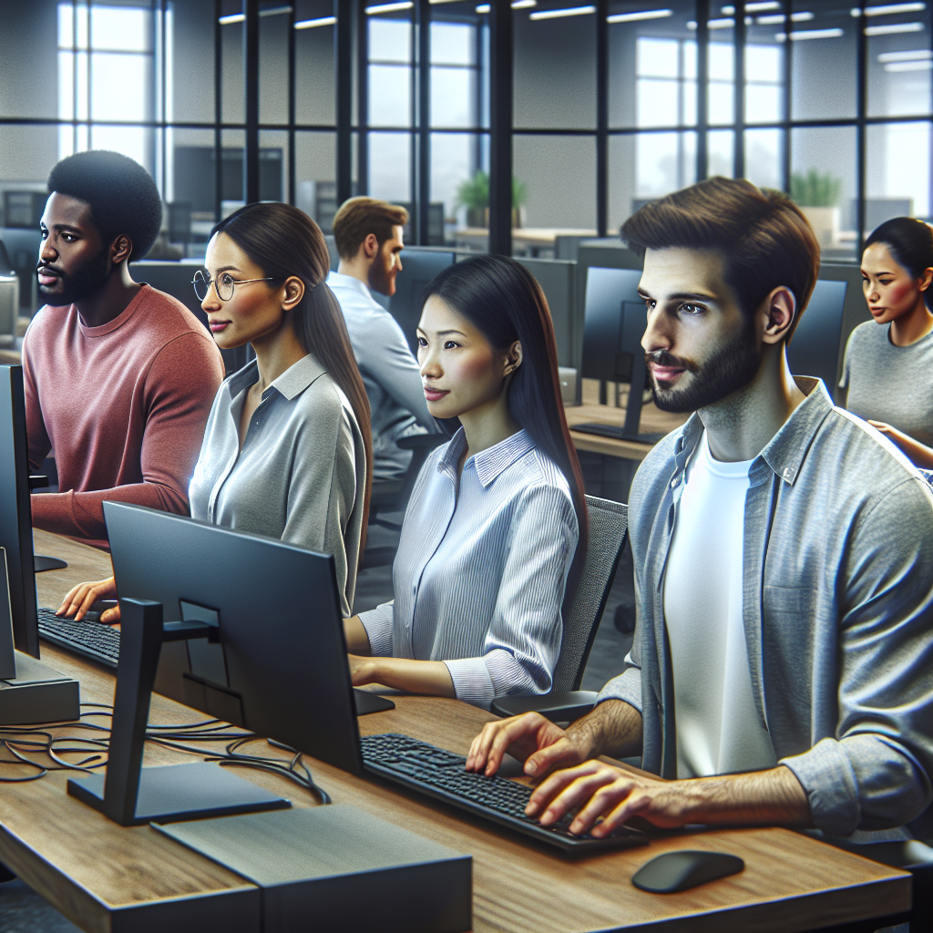 Изображение людей, работающих на компьютерах в офисе IT-компании, выполненное в современном стиле, выглядит как настоящая фотография, все люди европейского типа.
