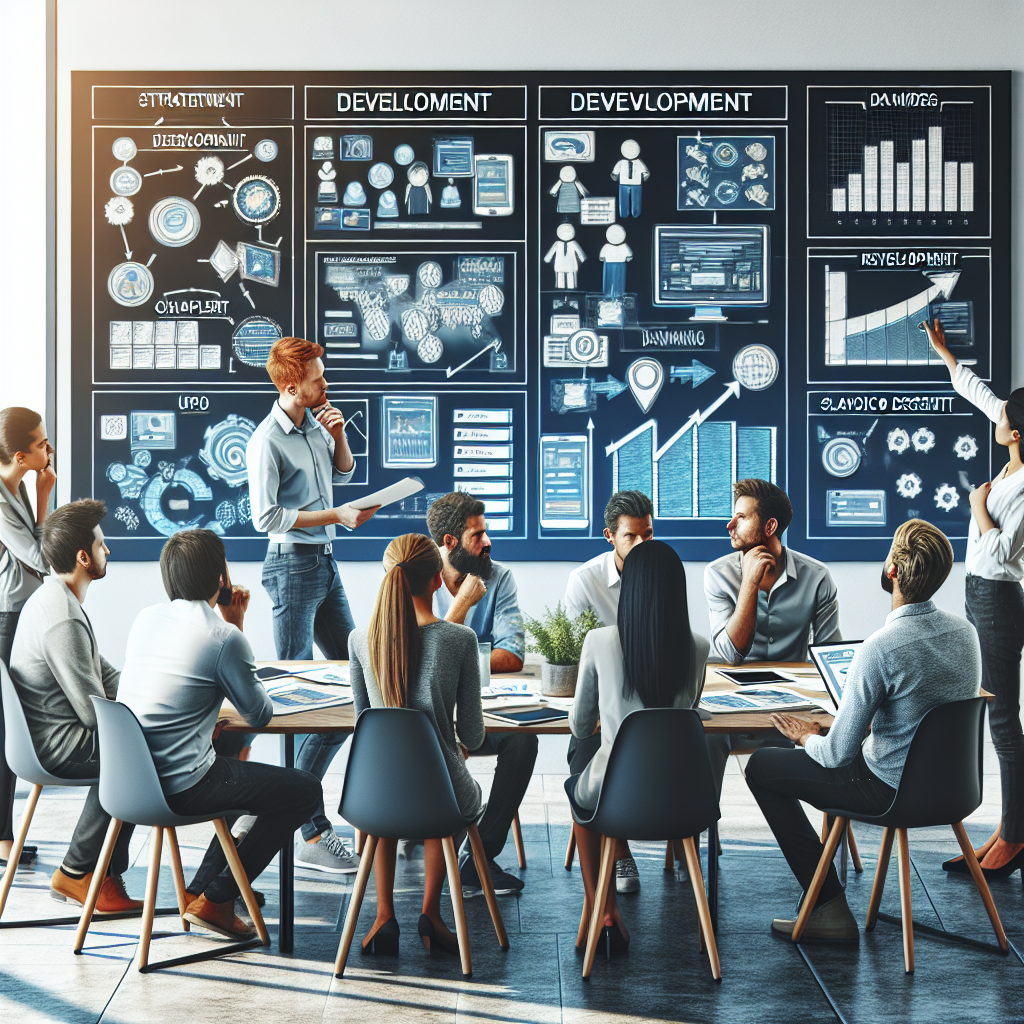 Команда онлайн-магазина обсуждает стратегии разработки, включая графики и схемы, все люди европейского типа.